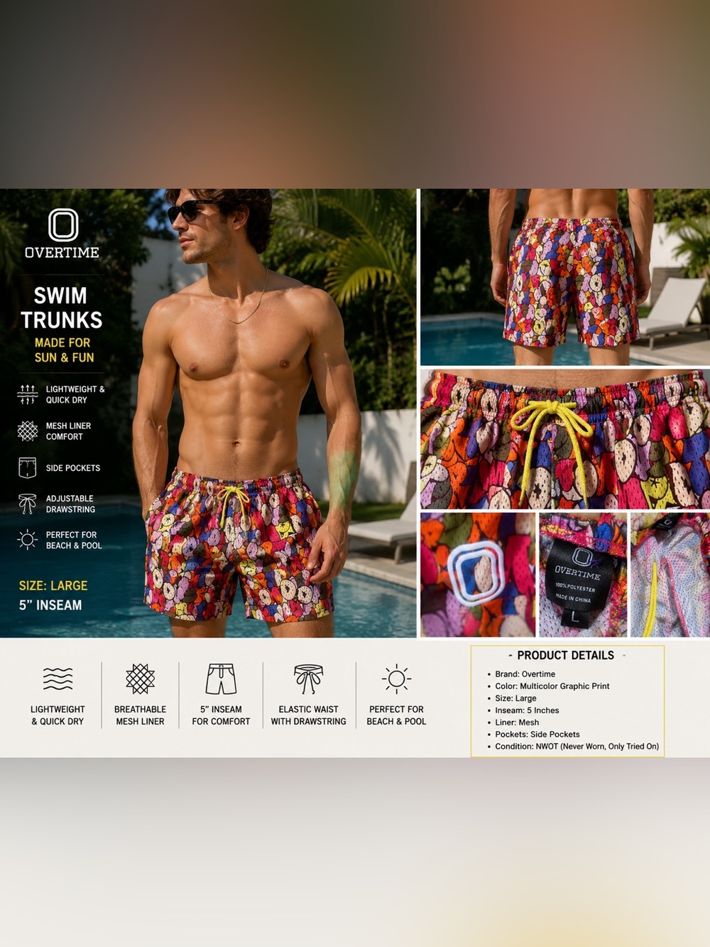 Overtime Men's Graphic Print Swim Trunks Mesh Lined 5" Inseam Size L NWOT
